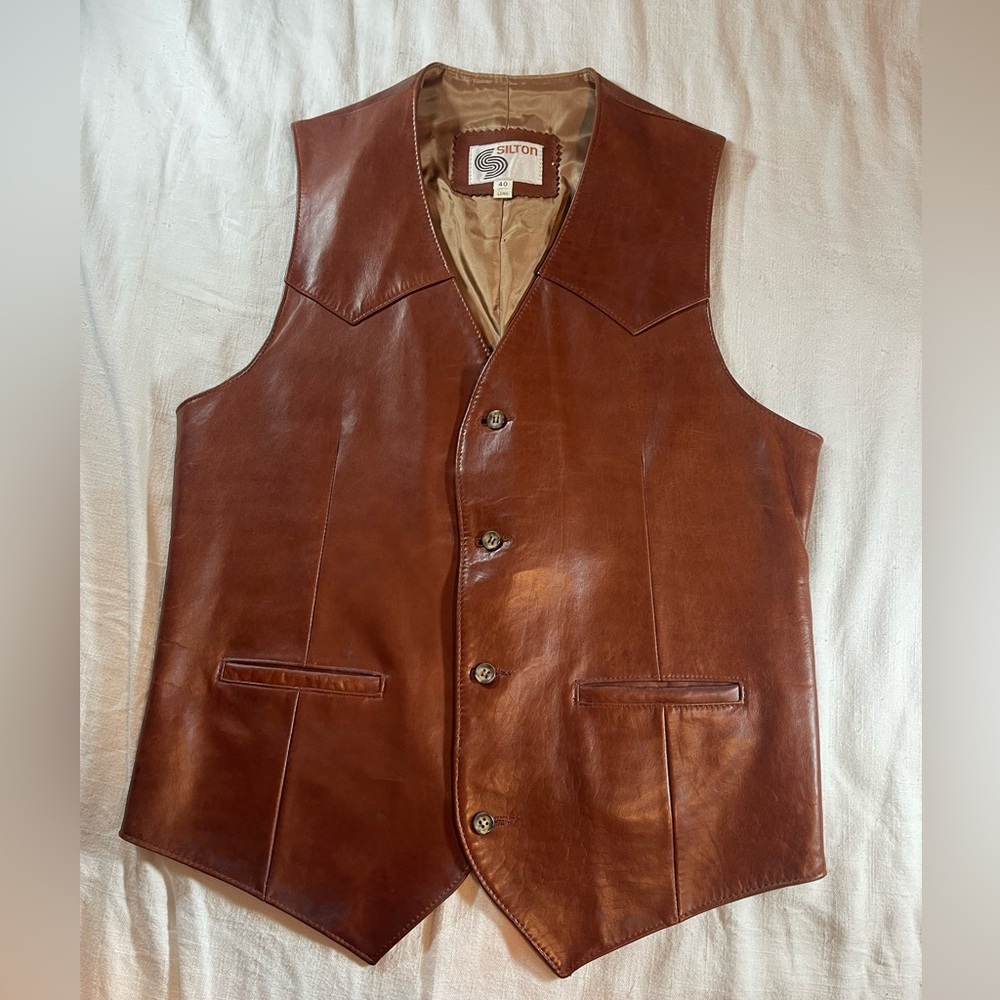 Vtg Silton Leather Vest Mens Size 40 Tall Brown Western Cowboy Rodeo